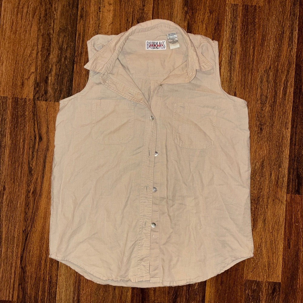 Bill Blass Jeans Womens Small Tan Linen Blend Sleeveless Button Down Shirt Top